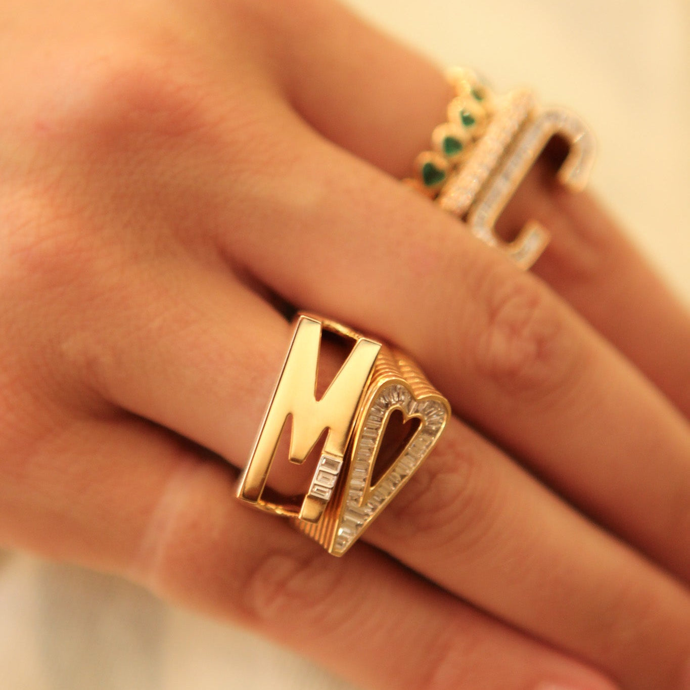 Grandsize Initial with Baguettes Ring - M
