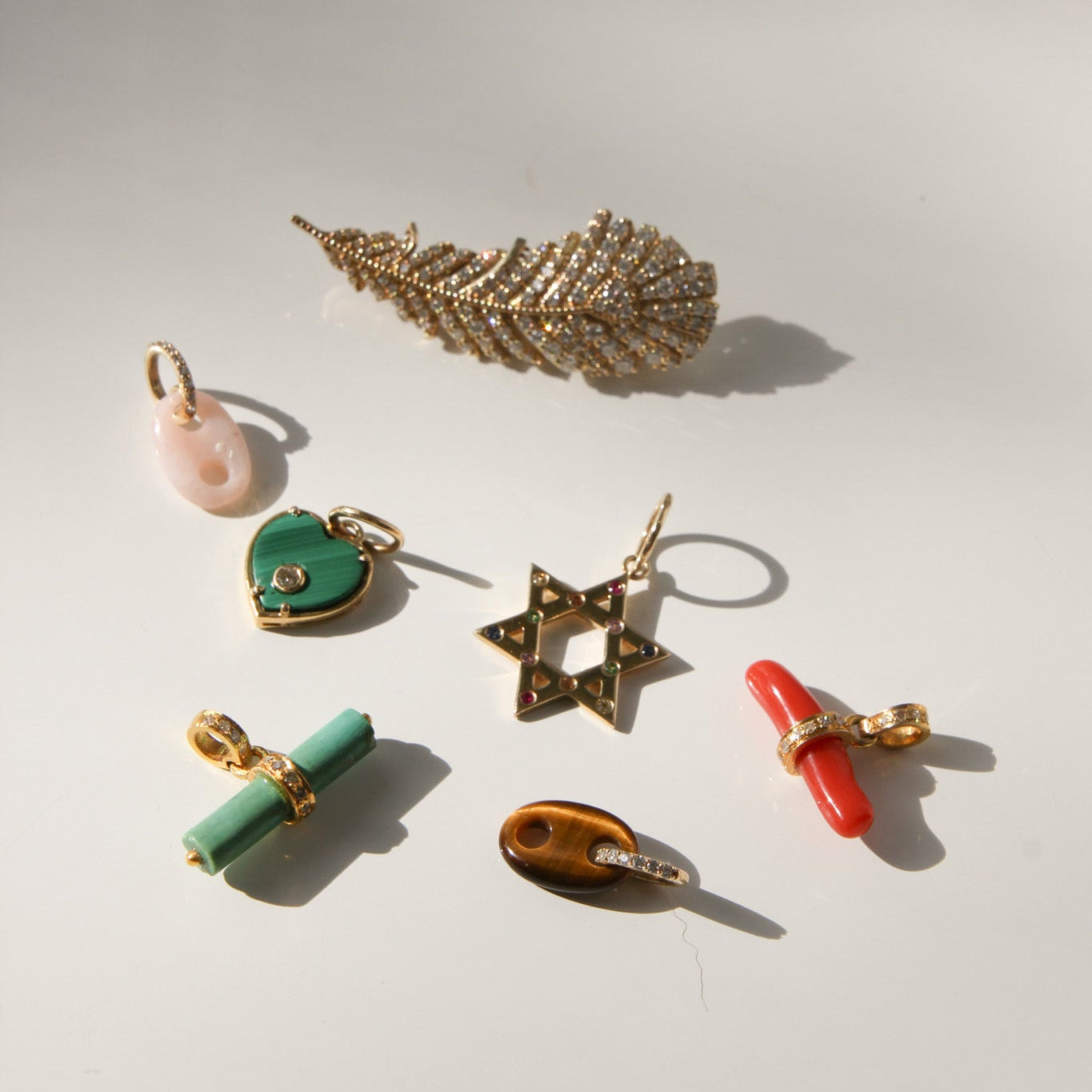 Collection of small decorative items on a light surface