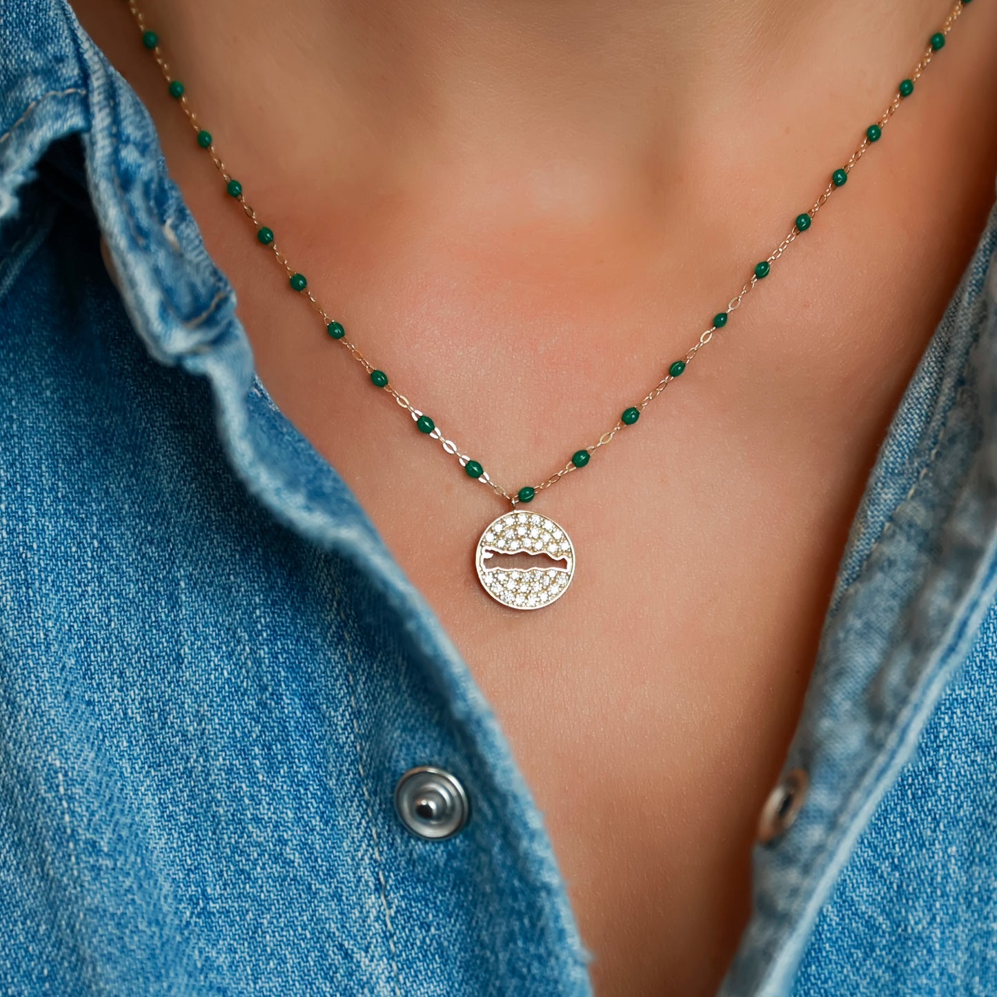 Le Rive 30A Pave Diamond Large Coin Necklace in Emerald