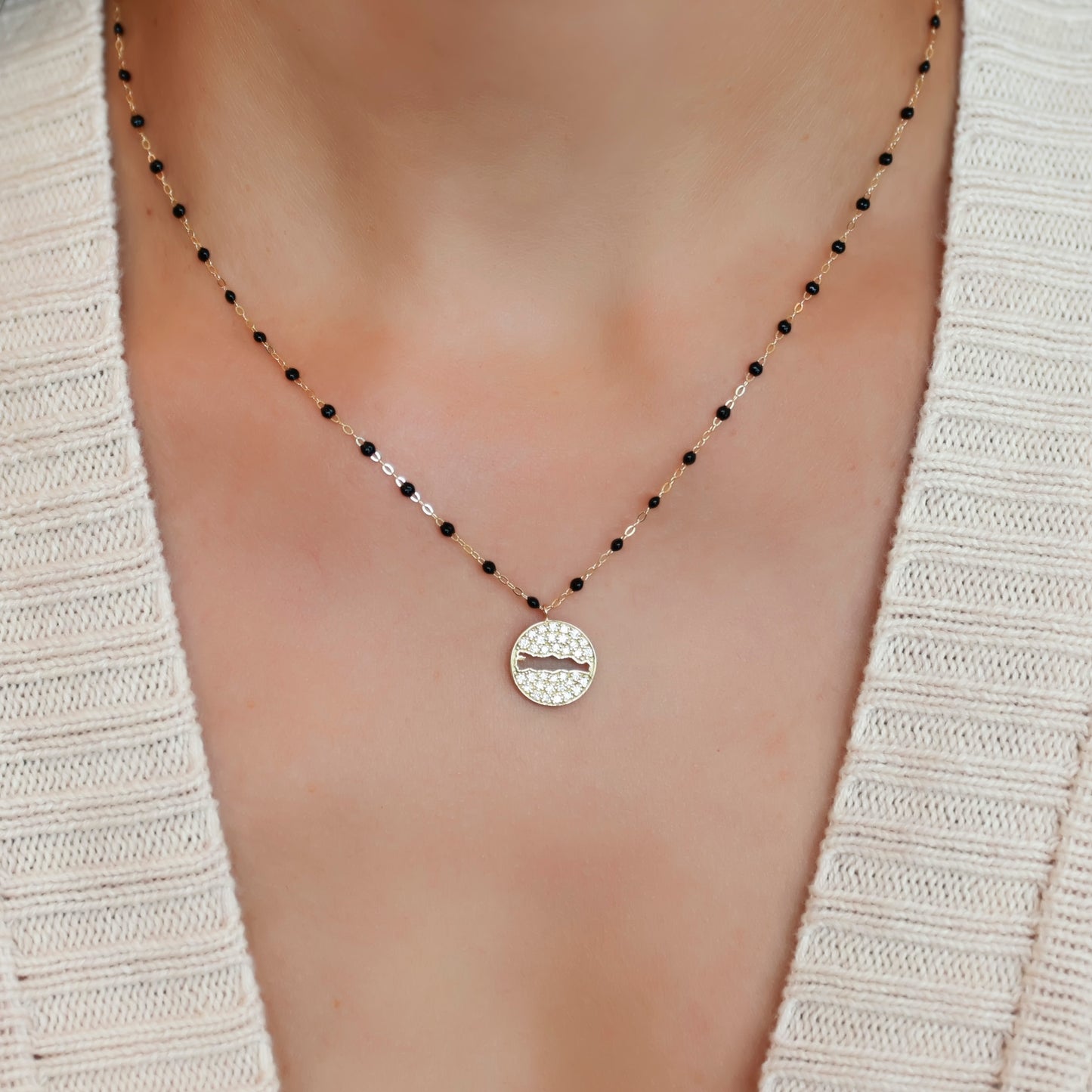 Le Rive 30A Pave Diamond Large Coin Necklace in Black