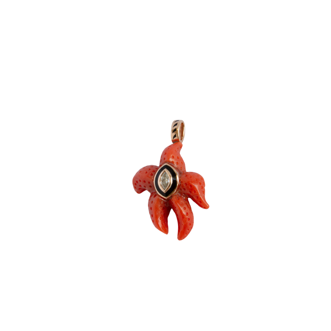 Carved Coral Starfish with Marquise Diamond Charm