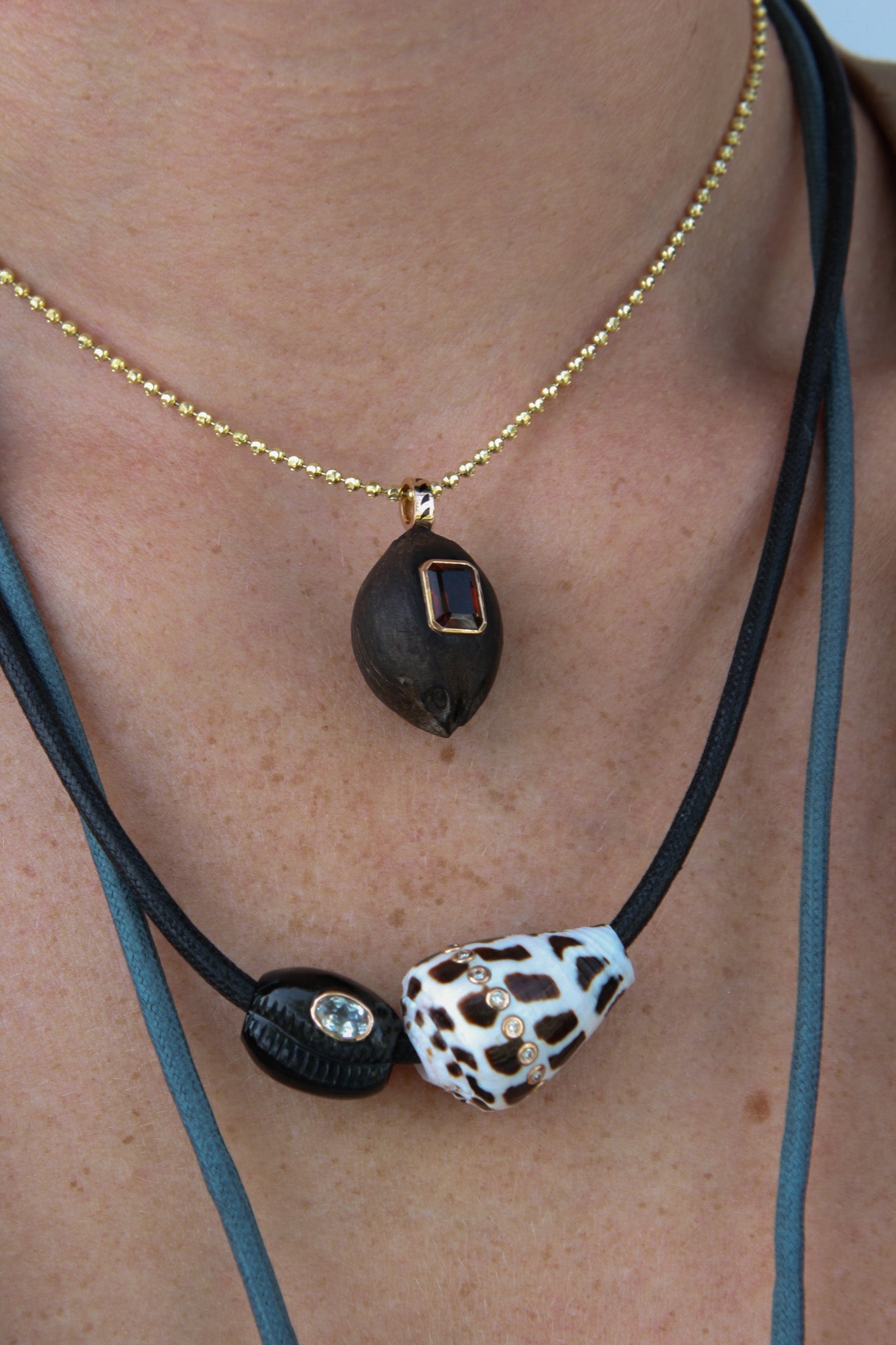 Blue Tiger Eye Cowry & Conus Necklace