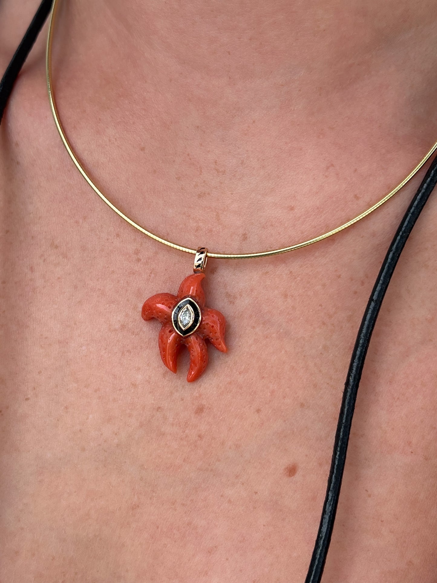Carved Coral Starfish with Marquise Diamond Charm