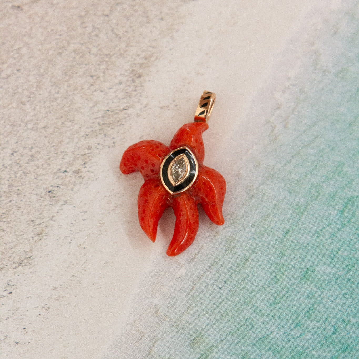 Carved Coral Starfish with Marquise Diamond Charm
