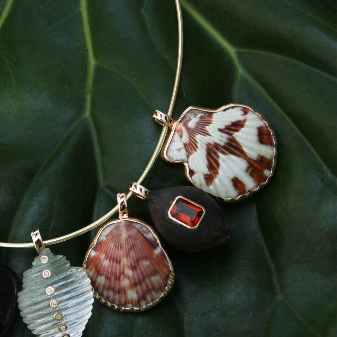 Necklace with various shell-shaped pendants on a green leaf background