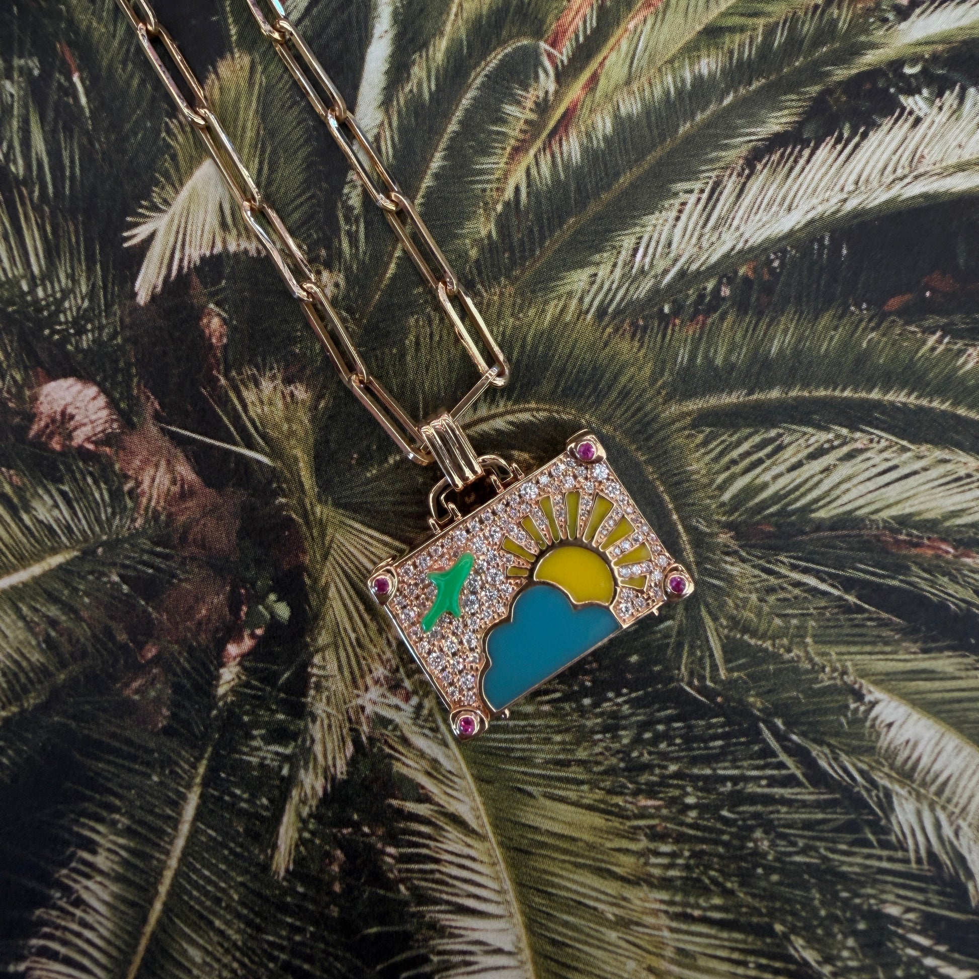 Decorative hair clip with colorful design on a leafy background