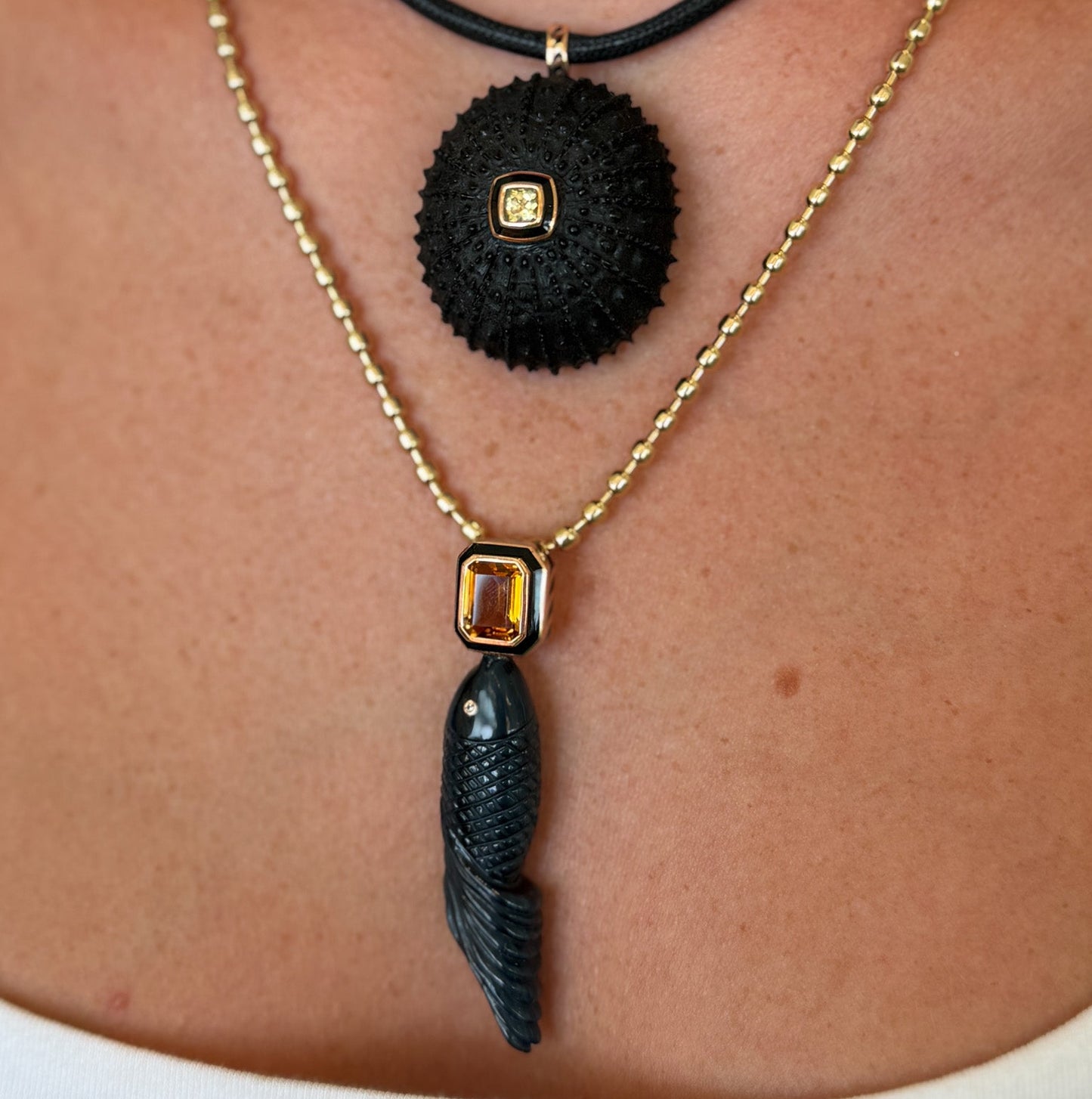 Carved Ebony Sea Urchin on Leather Cord