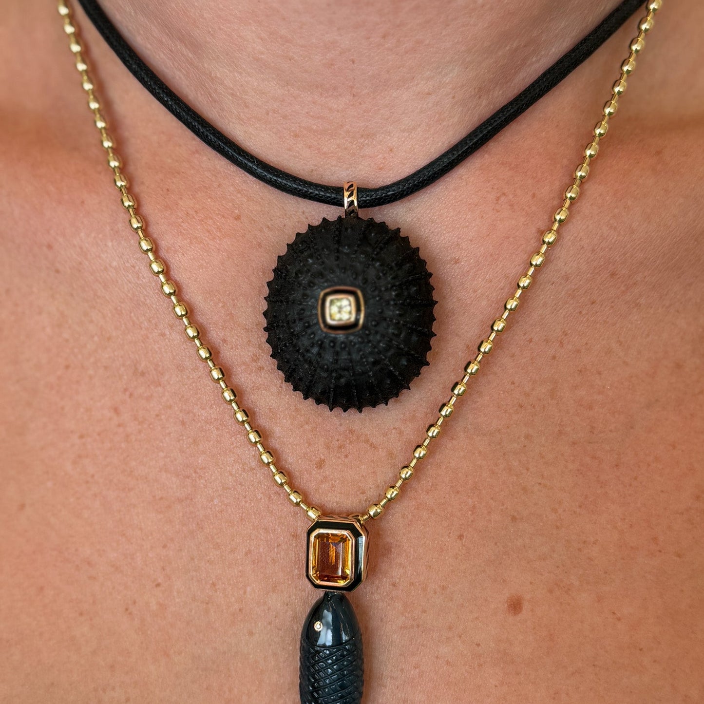 Carved Ebony Sea Urchin on Leather Cord