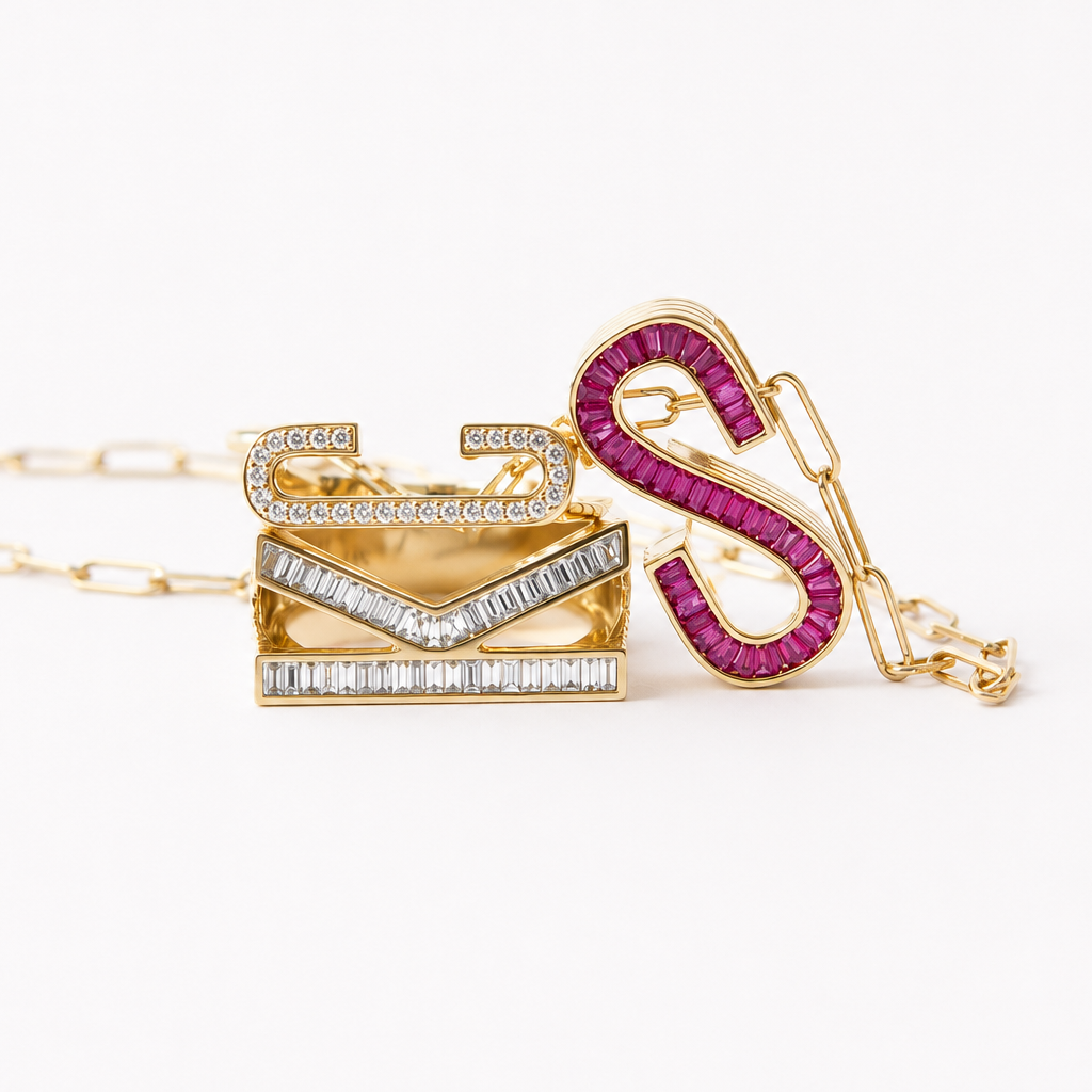 Grandsize Pink Sapphire Encrusted Initial Charm - S