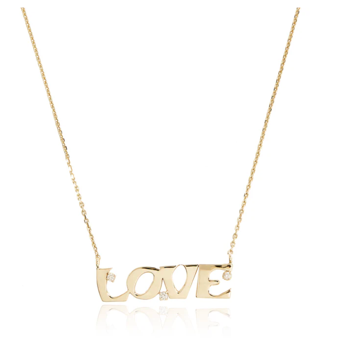 Gold 'LOVE' necklace on a white background