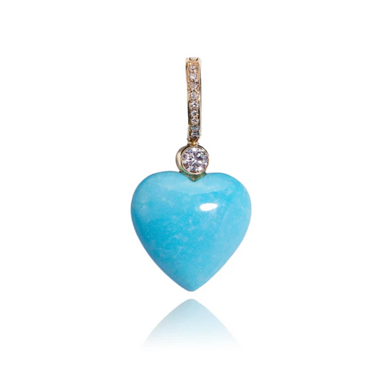 Blue heart-shaped pendant with a diamond on a white background