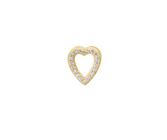 Gold heart-shaped earring with clear stones on a white background