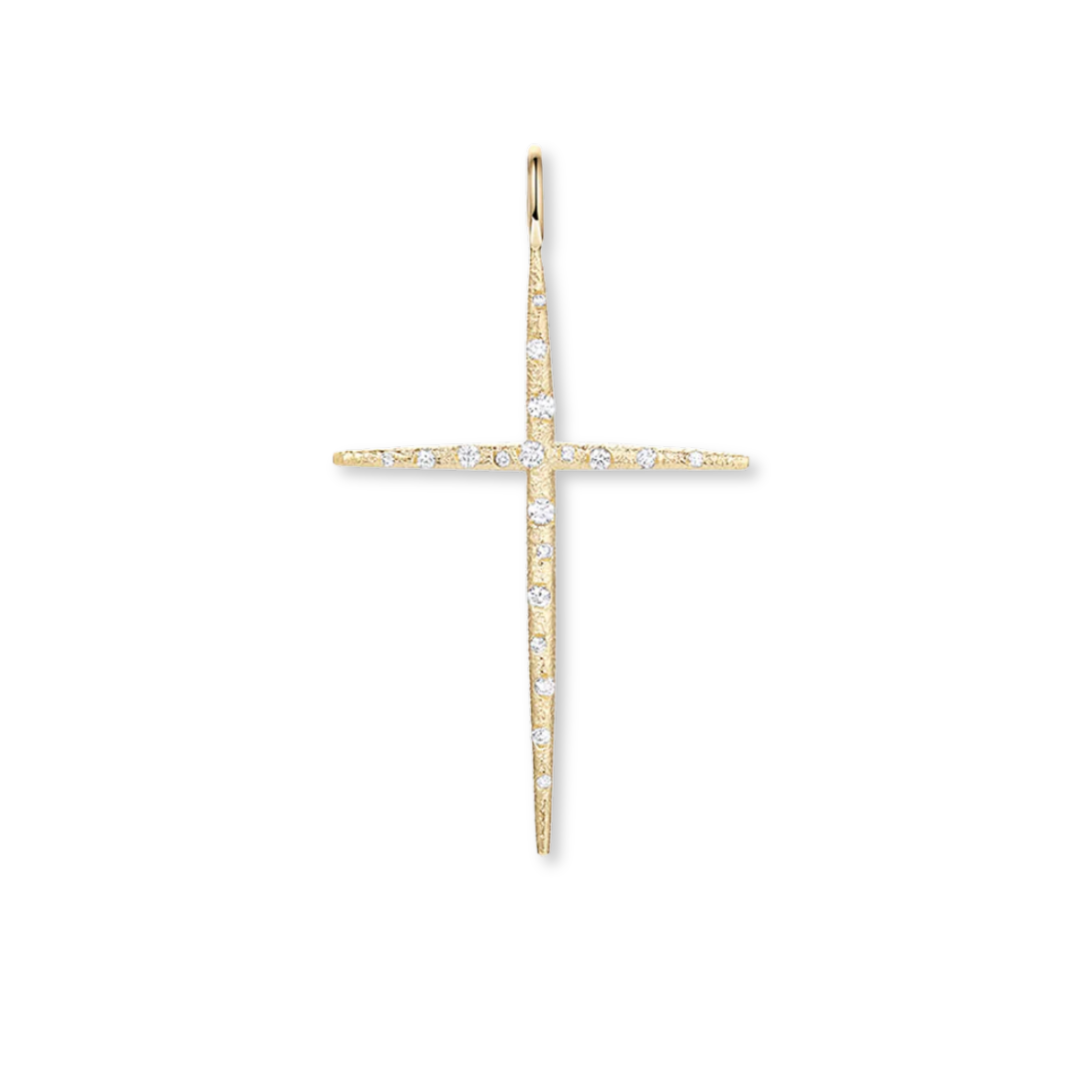 Gold cross pendant with embedded diamonds on a white background