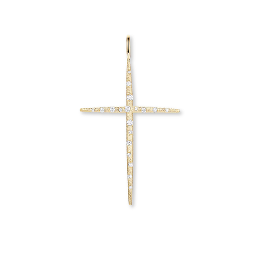Gold cross pendant with embedded diamonds on a white background