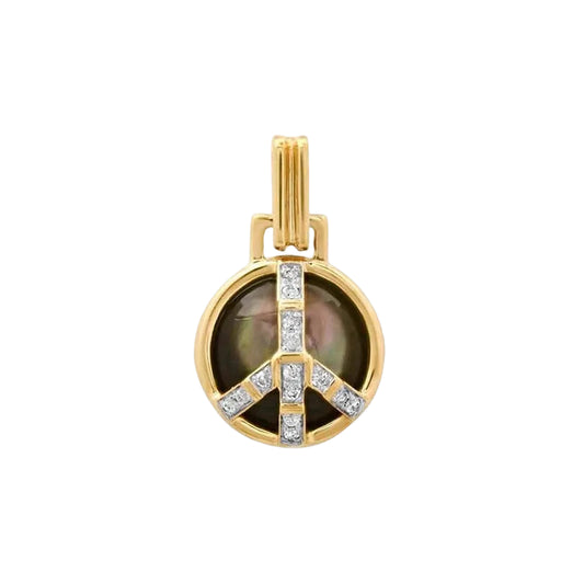 Gold pendant with a circular design and embedded stones on a white background